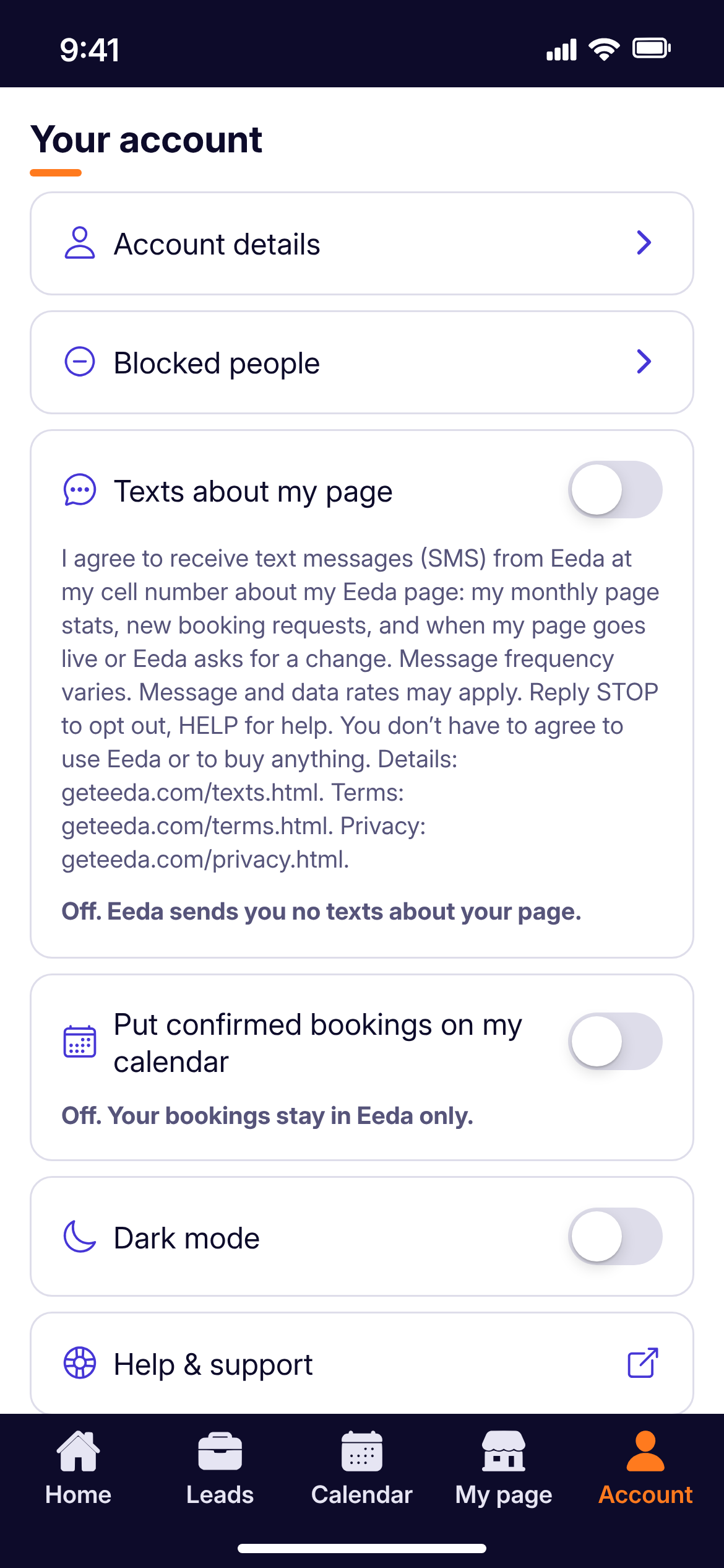 The Account tab of a pro account in the Eeda app: the switch “Texts about my page”, off, with the full consent words under it and the line “Off. Eeda sends you no texts about your page.”