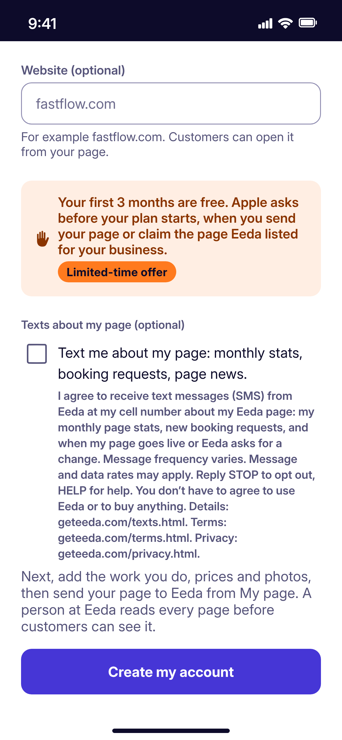 The pro sign-up screen in the Eeda app, scrolled to “Texts about my page (optional)”: an unticked box beside “Text me about my page: monthly stats, booking requests, page news.” with the full consent words under it, then the “Create my account” button.